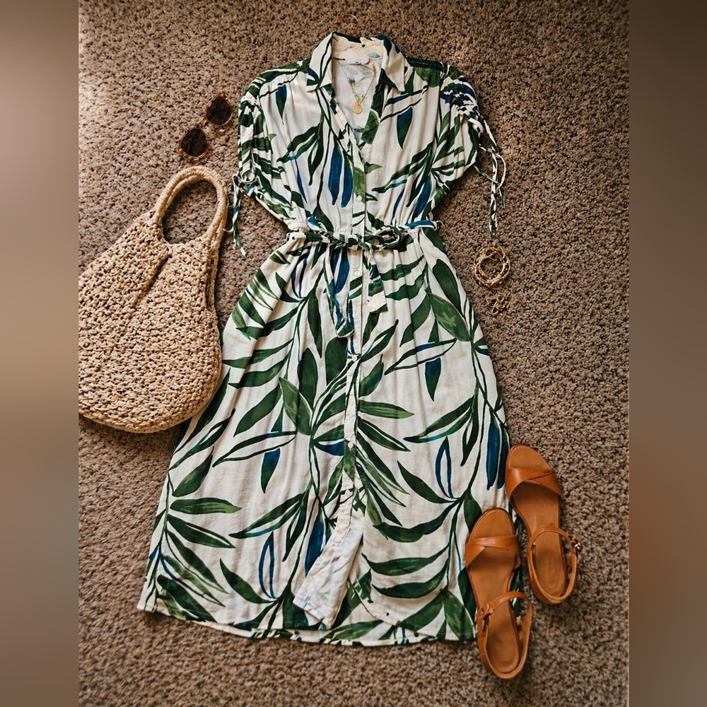 White Midi Dress with Green & Blue Leaf Print
